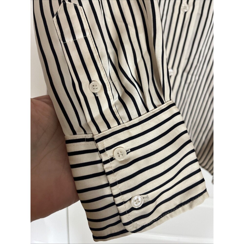 H&M Ivory Black Striped Long Sleeve Button Up Shirt Women’s L Satin Oversized - Picture 2 of 6